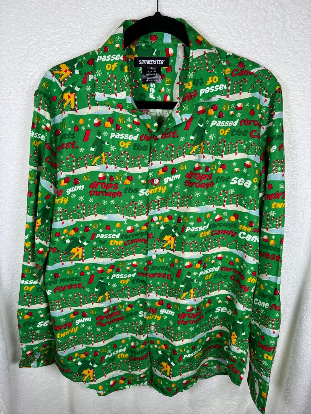 Suitmeister Green Buddy the Elf Christmas Print Button-Up Shirt L